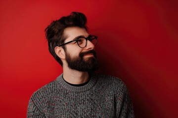 Fototapeta premium Handsome man in glasses and sweater thinking and smiling.