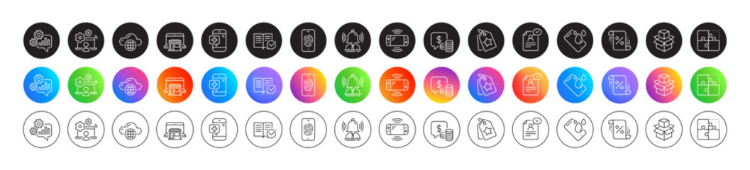 Coins, Loan percent and Resume document line icons. Round icon gradient buttons. Pack of Fingerprint, Online job, Marketplace icon. Medical phone, Approved documentation, Brand pictogram. Vector