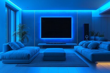 Modern living room featuring blue LED lighting, cozy sofas, and a sleek design, perfect for relaxation and entertainment.