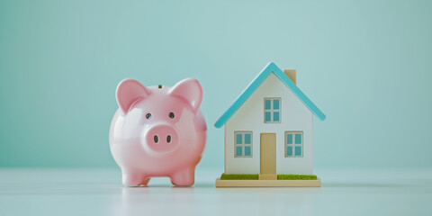 Piggy bank and model house symbolize savings and investment for homeownership on a pastel green background.
