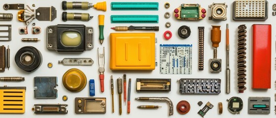A variety of vintage electronic components arranged on a white background, showcasing intricate details and colors.