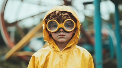 A young boy in a yellow raincoat and funny goggles stands solemnly amid the colorful chaos of an amusement park, representing childhood exploration and curiosity.