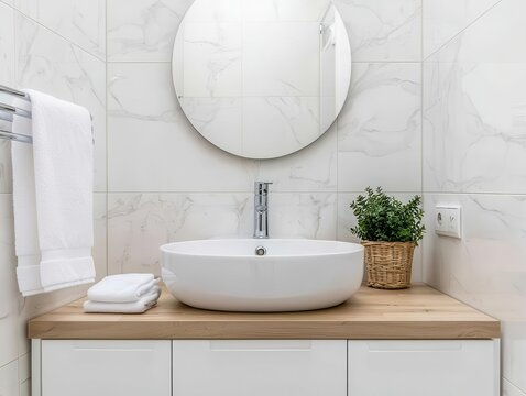 Compact bathroom with a small wall-mounted sink, functional vanity, and clever storage solutions, space-saving design, functional layout