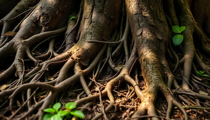 Naklejka premium Tiny City made of tree roots , best quality, intricate detail, canon EOS 5d