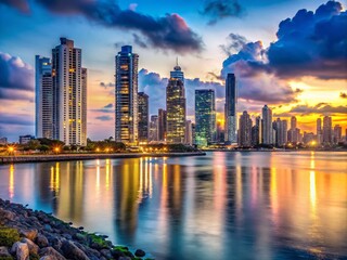 Fototapeta premium Stunning Panama City Skyline at Dusk with Towering Skyscrapers and Glimmering City Lights Reflected