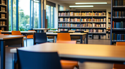 Empty library room with modern design and vibrant chairs, filled with natural light from large windows.