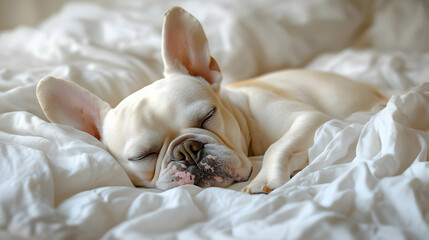 Sleeping French Bulldog on White Bedding - Photo