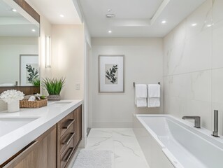 Fototapeta premium Bright white walls in a modern bathroom with a large mirror and recessed lighting