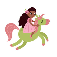 Cute fairy riding a unicorn. White background, isolate. Hand drawn illustration
