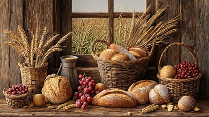 Baskets filled with assorted breads and fruits, rustic wooden setting, natural light enhancing fresh produce.