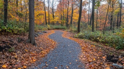 Fototapeta premium A winding gravel path through a forest in autumn, with colorful leaves on the ground.
