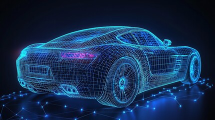 Futuristic car rendered in a wireframe design with blue glowing lines on a dark background.