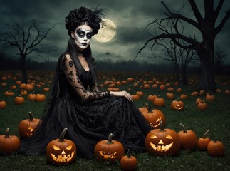 A spooky garden filled with eerie decorations for Halloween night fun