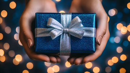 Hands holding a sparkling blue gift box with a golden ribbon