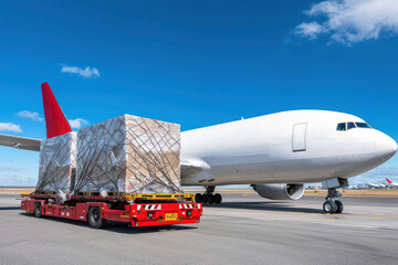 Cargo being loaded onto a large airplane on a clear day at the airport.