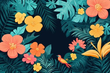Tropical Floral Pattern with a Bird on a Dark Background