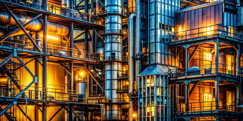 Obraz premium Industrial Symphony: A mesmerizing close-up of a towering industrial complex, bathed in warm, golden light, showcasing the intricate network of pipes, platforms.