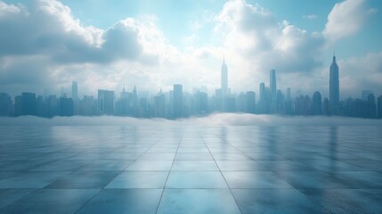 Empty square floor with modern city buildings scenery. Empty square floors and city skyline with modern buildings under blue sky.