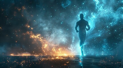 Blue and orange abstract painting of a person running