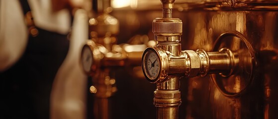 Fototapeta premium Close-up of brass machinery components showcasing intricate detailing and gauges in a warm-toned industrial setting.