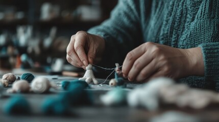 Hands meticulously work on creating tiny knit figures assembled in neat rows, reflecting dedication and the intricate process of traditional craftmanship.