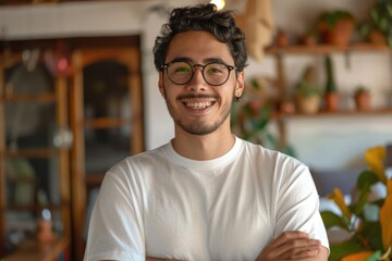 Fototapeta premium Happy young Hispanic man in casual clothes and glasses smiling.