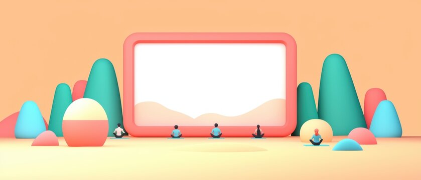 Colorful abstract scene with people interacting in a playful environment and a large display.