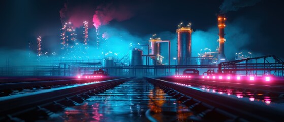 Fototapeta premium Large Oil Refinery with Storage Tanks at Night