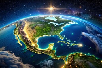Stunning Satellite View of the Americas with Vibrant Colors and Detailed Land Features at Night