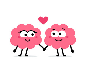 Vector cartoon romantic illustration of cute happy in love brain character hold each other hand on white color background. Flat doodle style design of smile brain with heart for valentine day banner