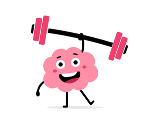 Vector cartoon illustration of strong happy brain character lift weight easy on white color background. Flat line doodle style design of smile healthy sport brain exercise with barbell