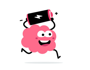 Vector cartoon illustration of cute happy brain run and hold battery on white color background. Flat doodle style design of smile strong brain character carry energy symbol to charge