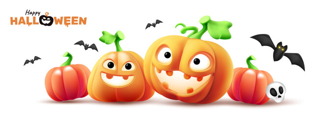 Vector holiday illustration of set of cute pumpkin character with glow scary face and bat. 3d style realistic design of halloween carved smile orange pumpkin with happy halloween word background