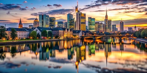Fototapeta premium Stunning Skyline of Frankfurt at Dusk with Beautiful Illuminated Buildings and River Reflections