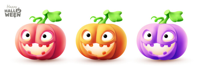 Vector happy halloween holiday illustration of set of different color cute pumpkin character with glow scary face. 3d style realistic design of halloween carved smile pumpkin monster for background