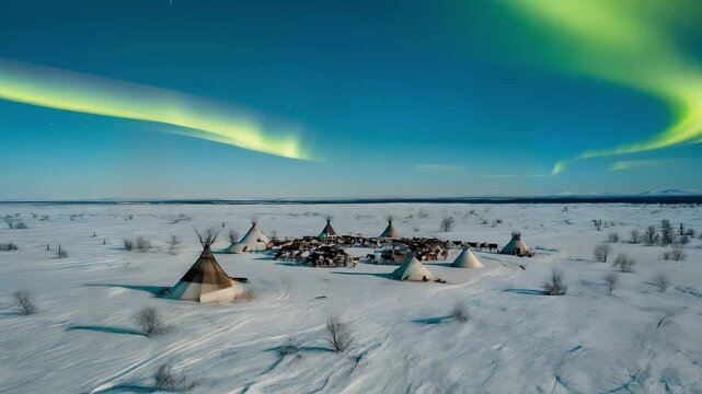 Dolgan camp in snowy tundra with traditional teepees and reindeer grazing nearby. Way of life showcases enduring culture, resilience, and deep connection to Arctic wilderness. Northern concept