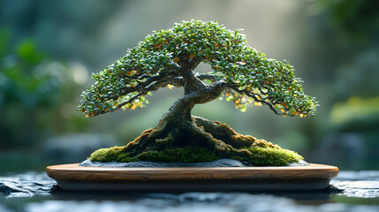 Bonsai Tree with Green Leaves and Moss -  Realistic Image
