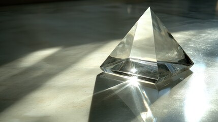 A glass pyramid sitting on a reflective surface, casting sharp triangular shadows and refracting light in multiple directions