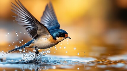 Obraz premium A vibrant swallow elegantly skims the surface of the water, its wings in mid-flutter, reflecting the iridescent beauty and grace of nature in a single moment.