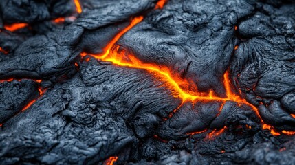 Close-up image captures molten lava with bright orange fissures, highlighting the intense heat and texture of cooling volcanic rock, creating a dramatic effect.