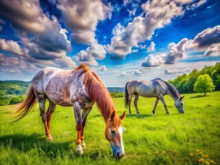 Obraz premium Stunning Strawberry Roan and Blue Roan Horses Grazing in a Lush Green Pasture Under Clear Skies