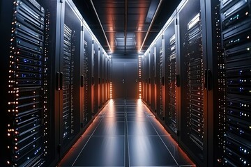 Fototapeta premium Server Room with Rows of Black Cabinets and Lights