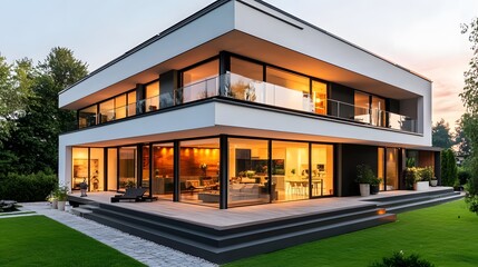 Fototapeta premium Modern house with white walls, black roof, and large glass windows