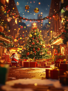 Nostalgische Weihnachtskarte mit weihnachtlichen Elementen und einem Tannenbaum im Retro Style, Vintage Weihnachtsillustration in rot mit warmen Lichtern