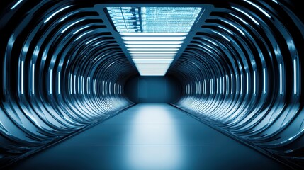 Fototapeta premium Futuristic corridor with glowing blue lights, metal architecture, and an illuminated ceiling, creating a sci-fi atmosphere.