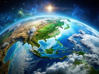 Fototapeta premium Stunning View of Earth from Space Capturing Blue Oceans, Green Landmasses, and White Clouds