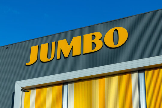 Jumbo logo on the distribution center, they supply for the Dutch Jumbo supermarket chain. Nieuwegein Utrecht, the Netherlands. 11 January 2023.