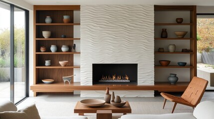 A modern mid-century living room with a fireplace