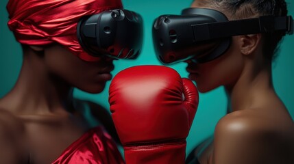 Two individuals wearing VR headsets and boxing gloves face each other, showcasing a blend of virtual reality with the sport of boxing, highlighted by vibrant colors.