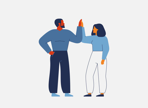 Man and woman support each other and give five. Gender equality and Partnership for success. Family good relationships and mutual help and care in the love couple. Vector illustration